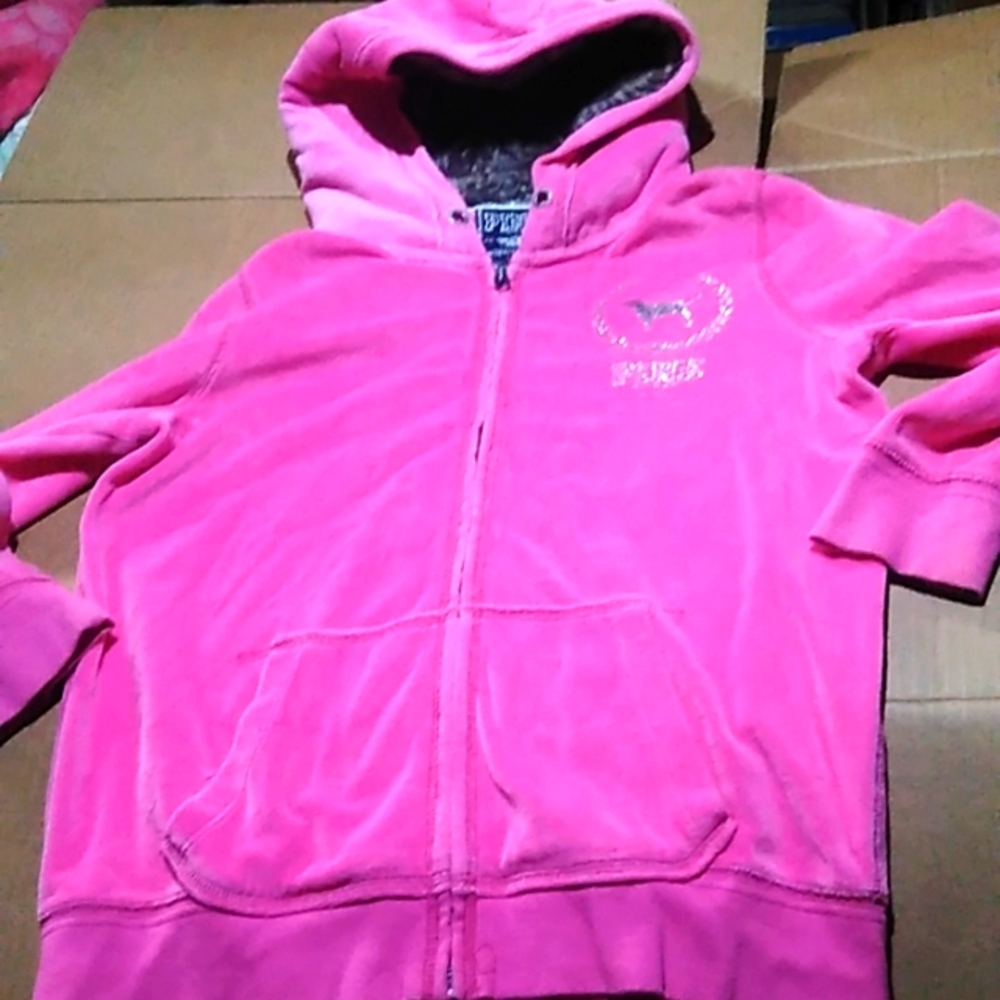 PINK Victoria's Secret Hoody Sweater Size L 1986 Invite Only faux fur & sequins - Picture 5 of 12